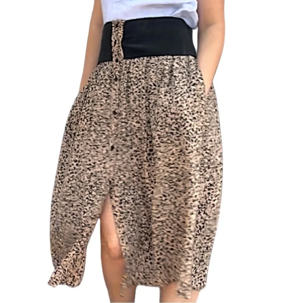 Vintage Robert Sandel Silk Midi Skirt – Tan & Black Animal Print | A-Line